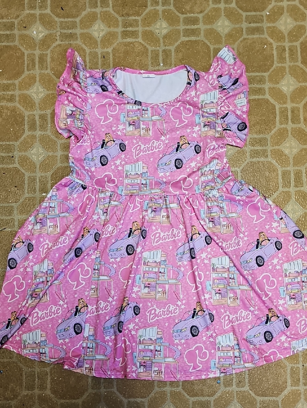 Barbie Pink Printed Flutter Sleeve Dress